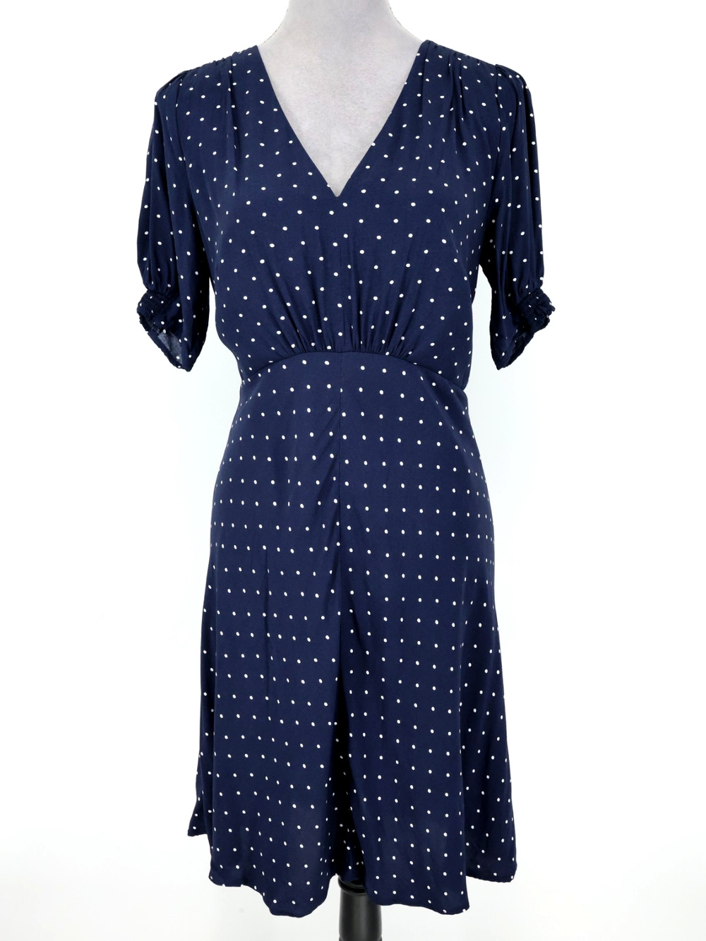 Loft Dress Womens 6 Navy Blue Polka Dot Fit n Flare Lined Back Zip V Neck